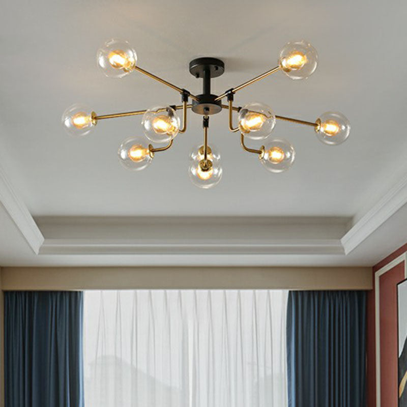 Postmodern 10-Light Chandelier Black and Brass Radial Pendant Light with Ball Glass Shade