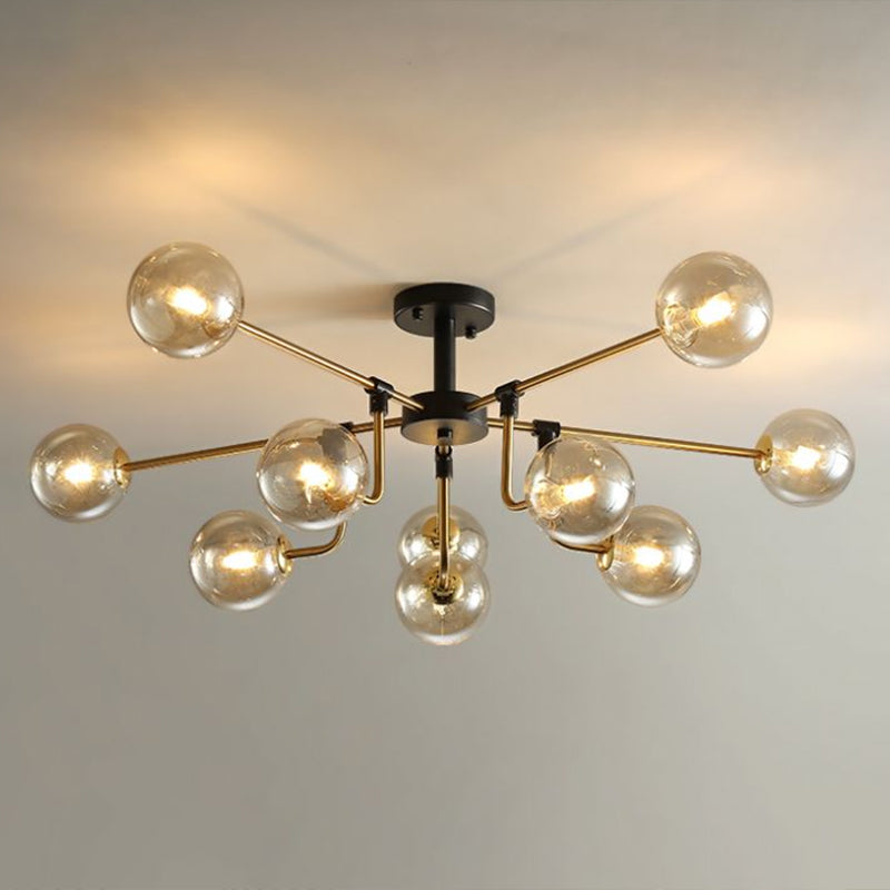 Postmodern 10-Light Chandelier Black and Brass Radial Pendant Light with Ball Glass Shade