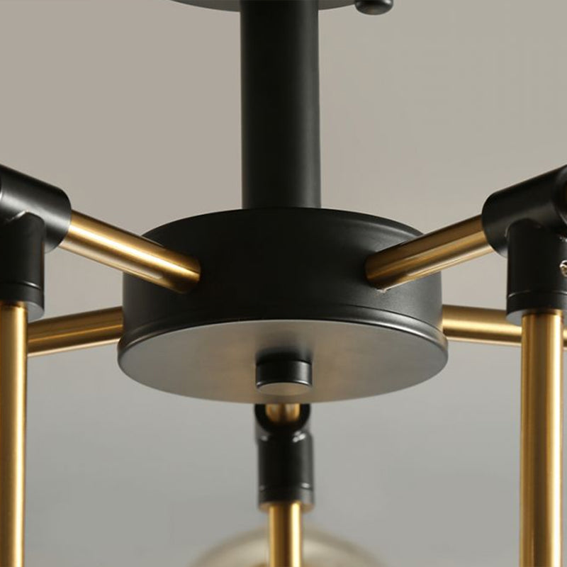 Postmodern 10-Light Chandelier Black and Brass Radial Pendant Light with Ball Glass Shade