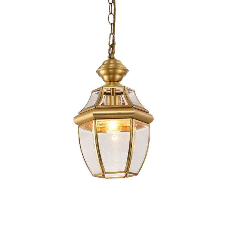 Brass Oval Lantern Pendant Lamp Colonial Style Clear Glass Corridor Ceiling Hang Light