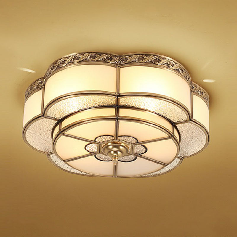 Flower Corridor Ceiling Mount Lamp Traditional Frost Glass Brass Finish Flush Light Fixture