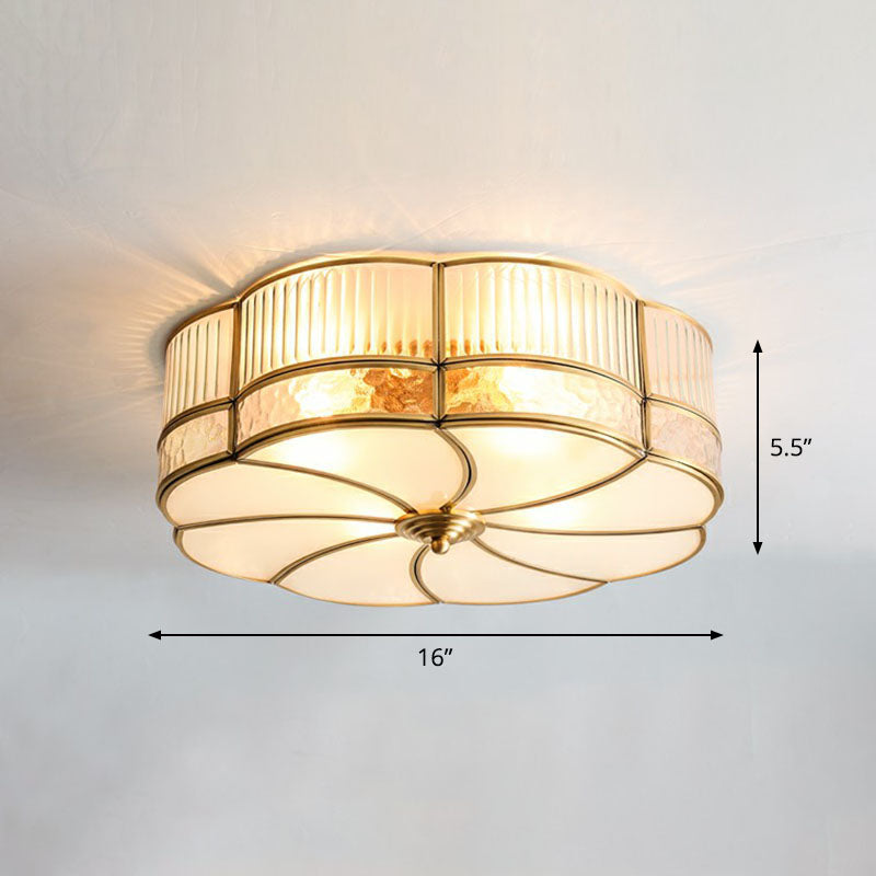 Ribbed Glass Brass Ceiling Light Flower Shaped Minimalist Flush Mount Light Fixture