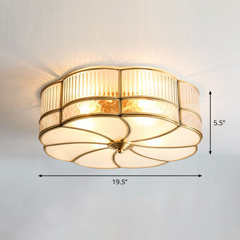 Ribbed Glass Brass Ceiling Light Flower Shaped Minimalist Flush Mount Light Fixture