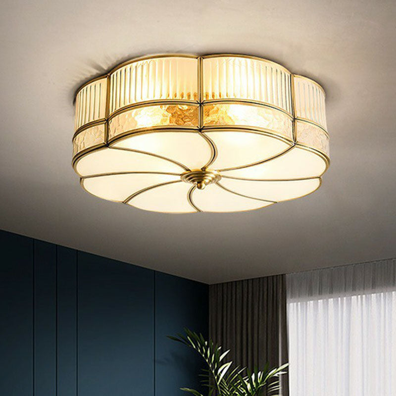 Ribbed Glass Brass Ceiling Light Flower Shaped Minimalist Flush Mount Light Fixture