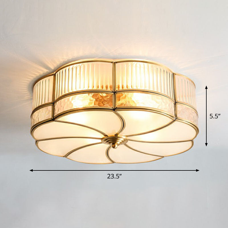 Ribbed Glass Brass Ceiling Light Flower Shaped Minimalist Flush Mount Light Fixture