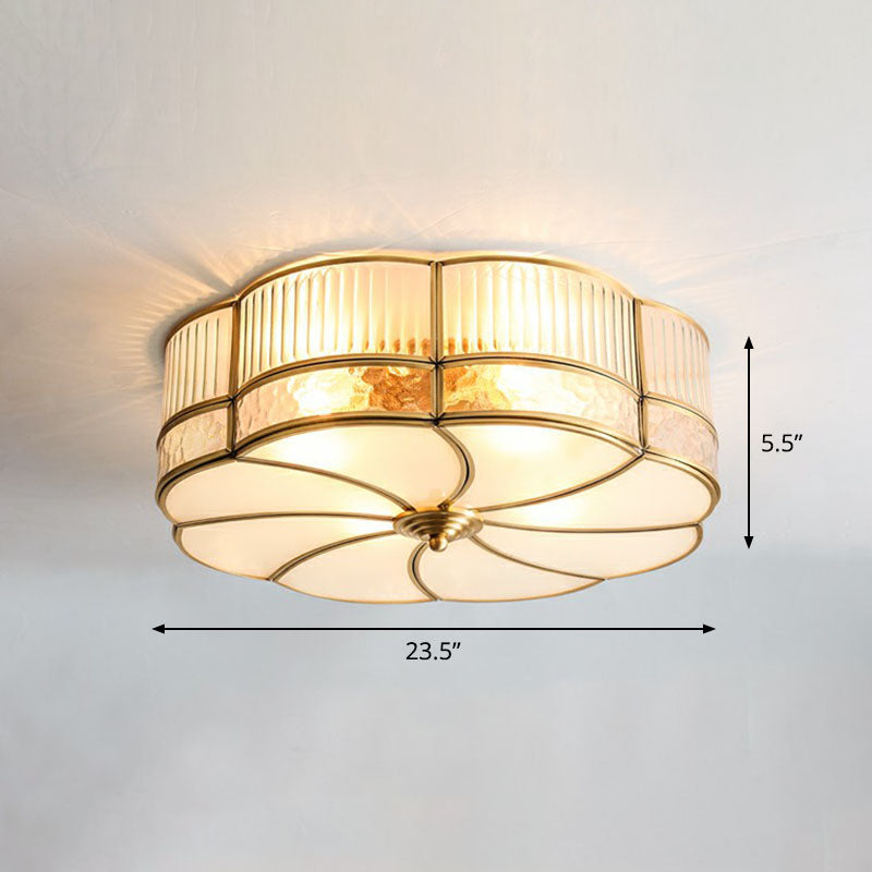 Ribbed Glass Brass Ceiling Light Flower Shaped Minimalist Flush Mount Light Fixture
