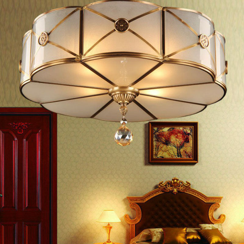 Colonial Style Flower Ceiling Lamp Frosted White Glass Flushmount with X-Brace in Brass