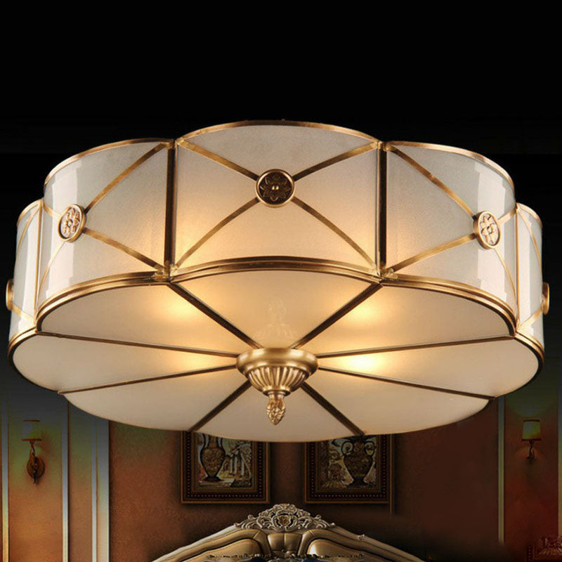 Colonial Style Flower Ceiling Lamp Frosted White Glass Flushmount with X-Brace in Brass