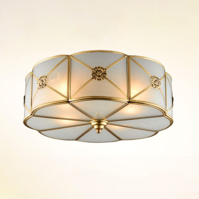 Colonial Style Flower Ceiling Lamp Frosted White Glass Flushmount with X-Brace in Brass