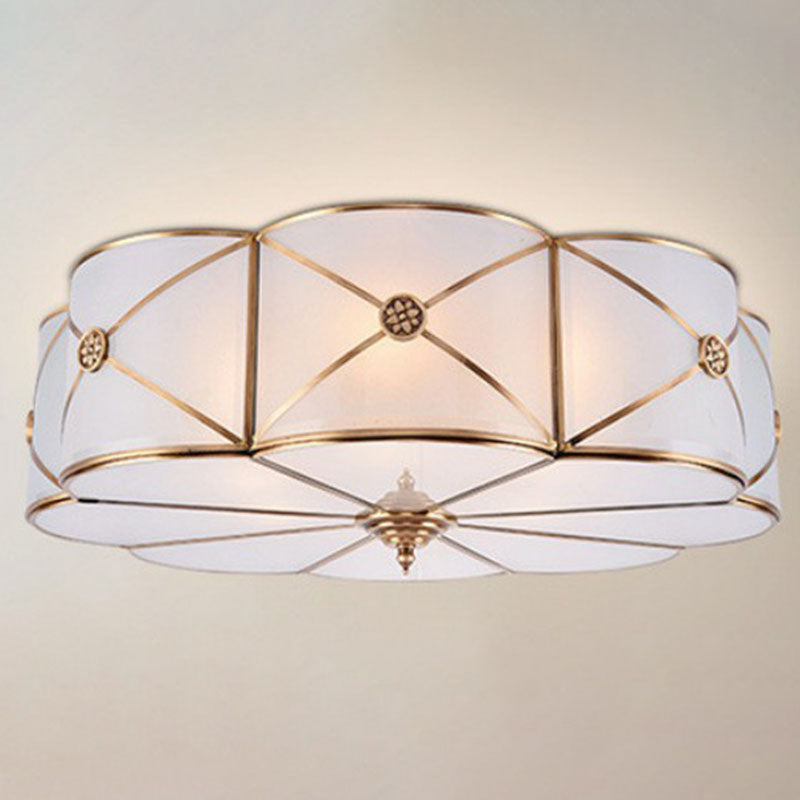 Colonial Style Flower Ceiling Lamp Frosted White Glass Flushmount with X-Brace in Brass
