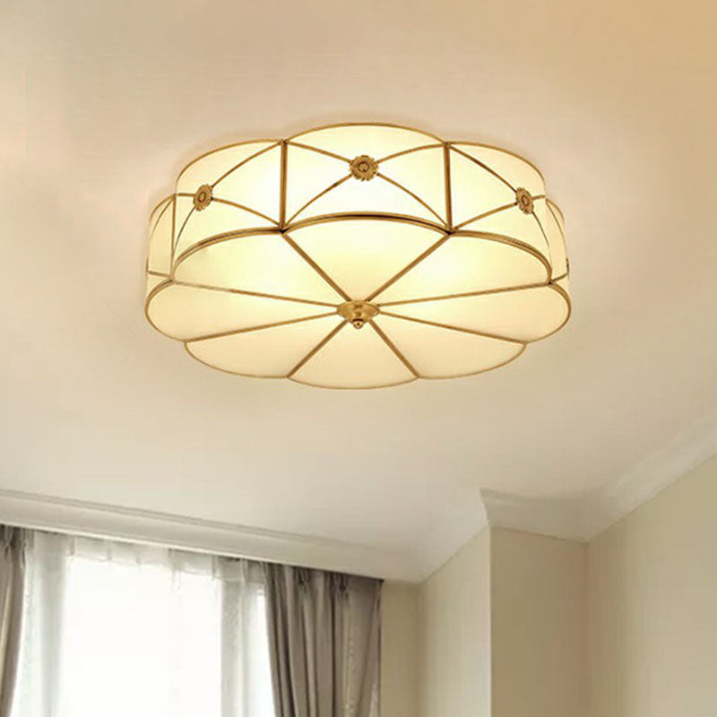 Floral Bedroom Ceiling Mounted Light Colonial Chic White Glass Brass Finish Flush Light