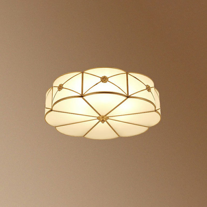 Floral Bedroom Ceiling Mounted Light Colonial Chic White Glass Brass Finish Flush Light