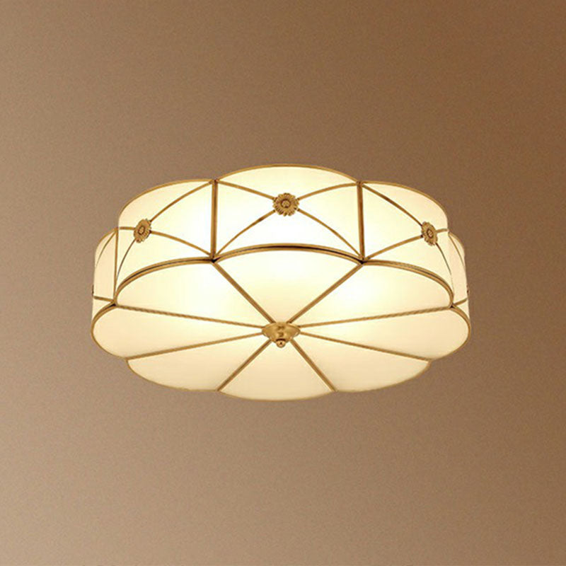 Floral Bedroom Ceiling Mounted Light Colonial Chic White Glass Brass Finish Flush Light