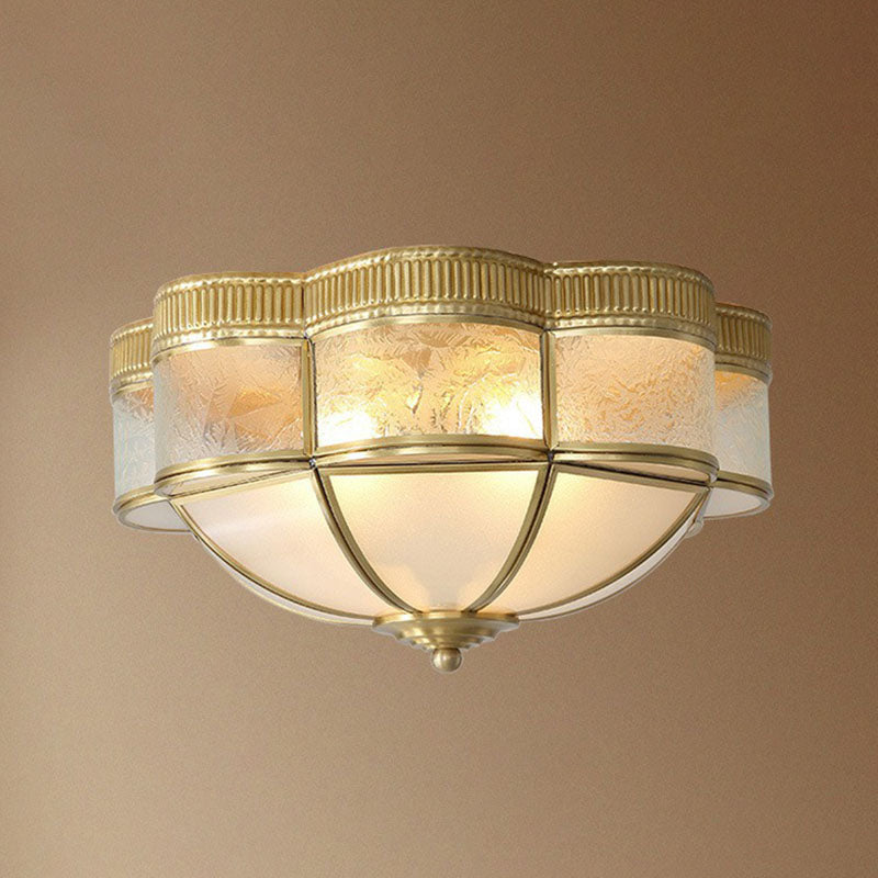 Dome Flushmount Lighting Traditional Brass Frost Glass Flush Mount Ceiling Fixture with Scalloped Edge
