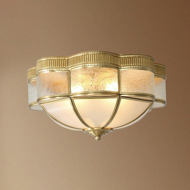 Dome Flushmount Lighting Traditional Brass Frost Glass Flush Mount Ceiling Fixture with Scalloped Edge