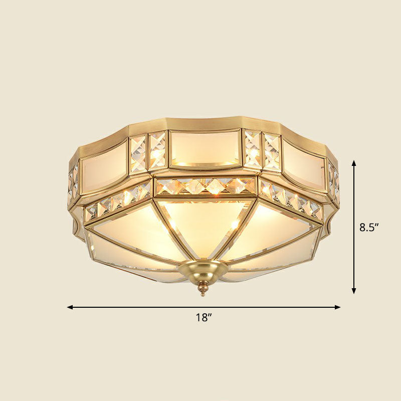 Classic Octagonal Ceiling Lighting Semi-Opaque Glass Flush Light Fixture with Crystal Accent in Brass