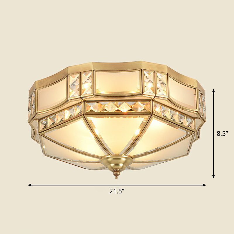 Classic Octagonal Ceiling Lighting Semi-Opaque Glass Flush Light Fixture with Crystal Accent in Brass