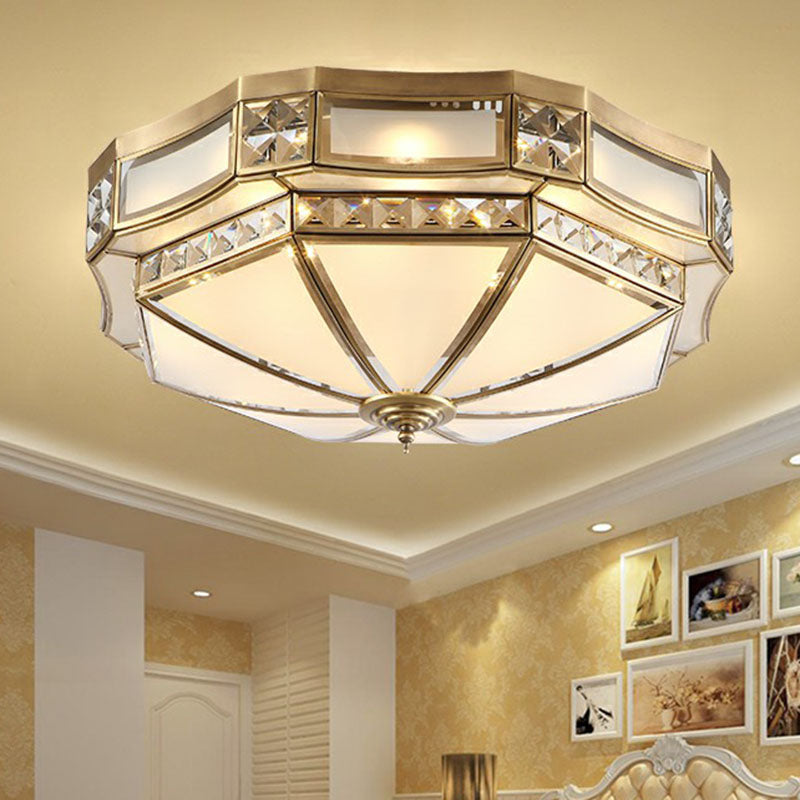 Classic Octagonal Ceiling Lighting Semi-Opaque Glass Flush Light Fixture with Crystal Accent in Brass