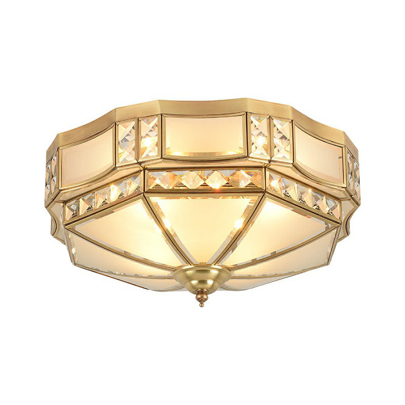 Classic Octagonal Ceiling Lighting Semi-Opaque Glass Flush Light Fixture with Crystal Accent in Brass