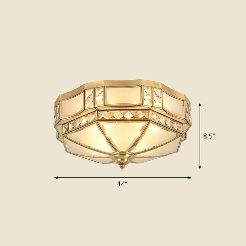 Classic Octagonal Ceiling Lighting Semi-Opaque Glass Flush Light Fixture with Crystal Accent in Brass
