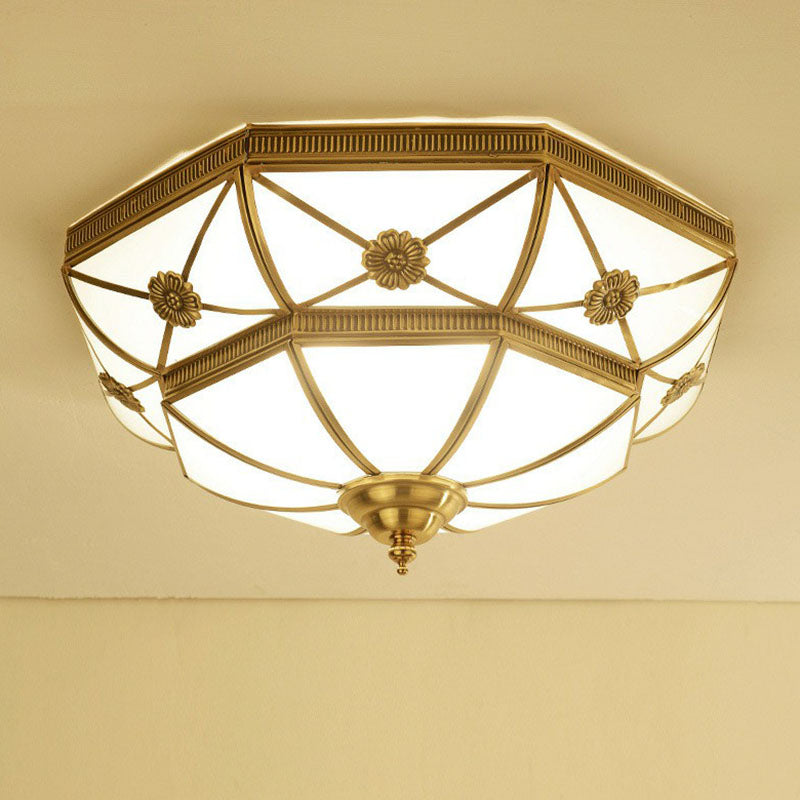 Brass Basket Shaped Flush Light Traditional Frosted Glass Bedroom Flushmount Ceiling Lamp