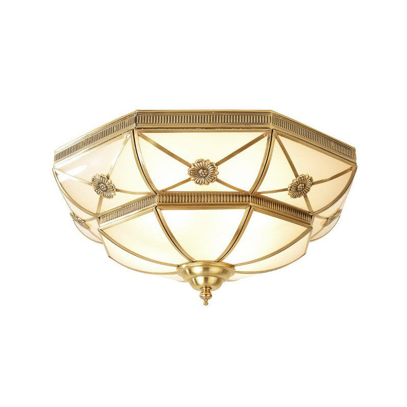 Brass Basket Shaped Flush Light Traditional Frosted Glass Bedroom Flushmount Ceiling Lamp