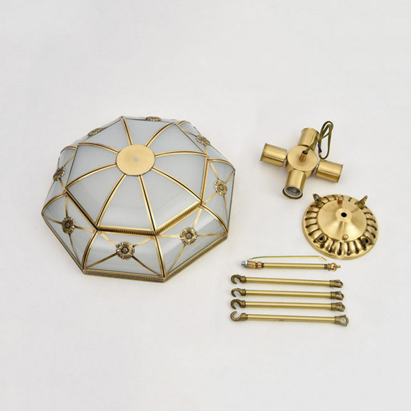 Brass Basket Shaped Flush Light Traditional Frosted Glass Bedroom Flushmount Ceiling Lamp