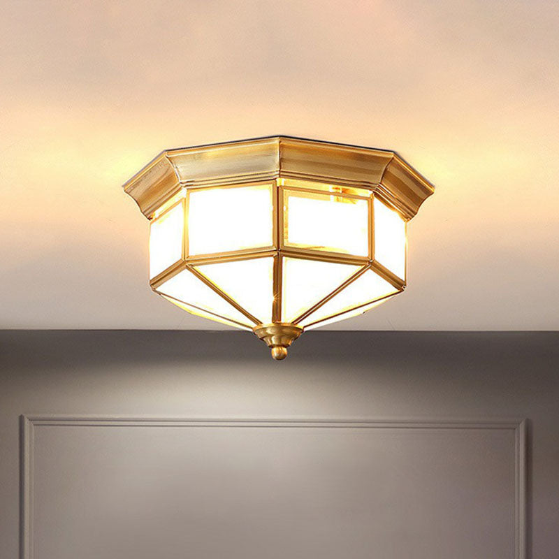 Cap Shaped Frosted Glass Ceiling Fixture Minimalist 2-Bulb Corridor Flush Mounted Light in Brass