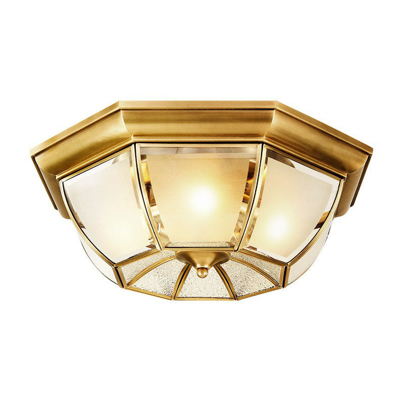 Brass Finish Ceiling Mounted Lamp Colonial Style Frost Glass Recessed Shade Flush Light