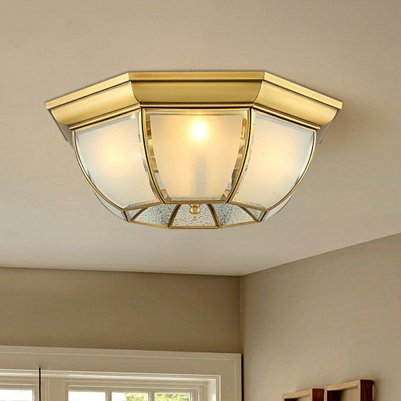 Minimalist Bowl Shaped Flushmount Light Frosted Glass Pane Ceiling Flush Light in Brass