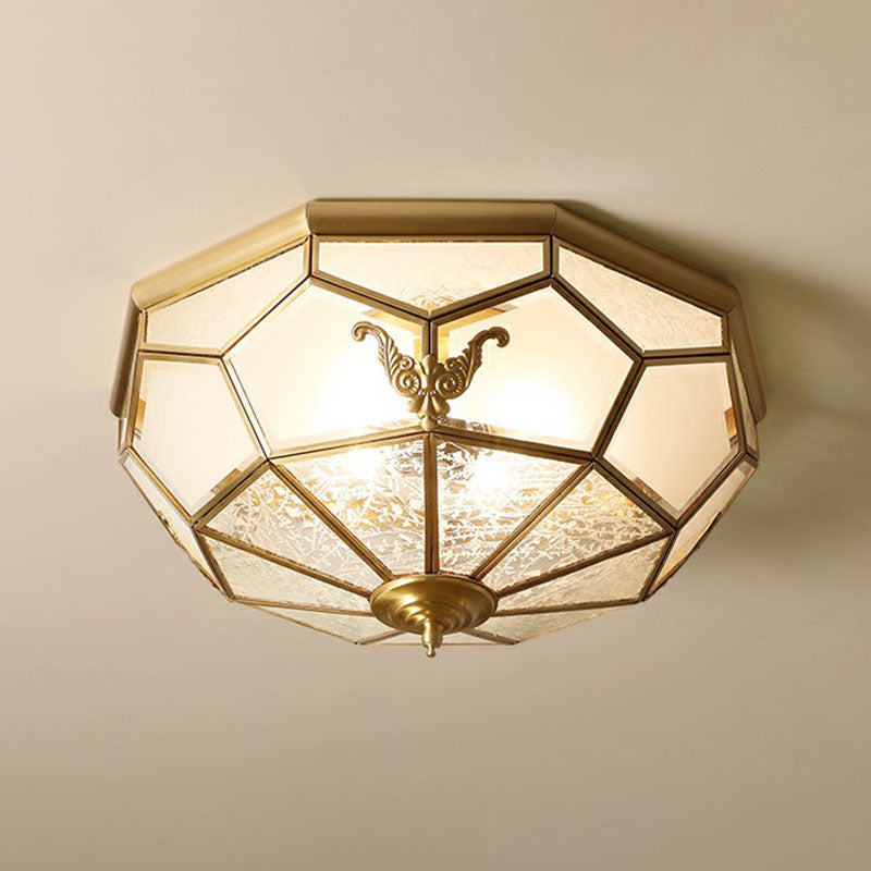 Frosted Glass Flush-Mount Light Vintage Brass Round Bedroom Ceiling Light Fixture
