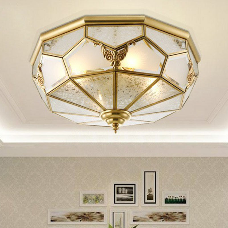 Flush Mounted Light Antique Dining Room Ceiling Lamp with Polygon Semi-Opaque Shade in Brass