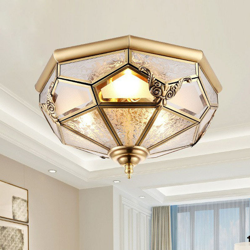 Flush Mounted Light Antique Dining Room Ceiling Lamp with Polygon Semi-Opaque Shade in Brass
