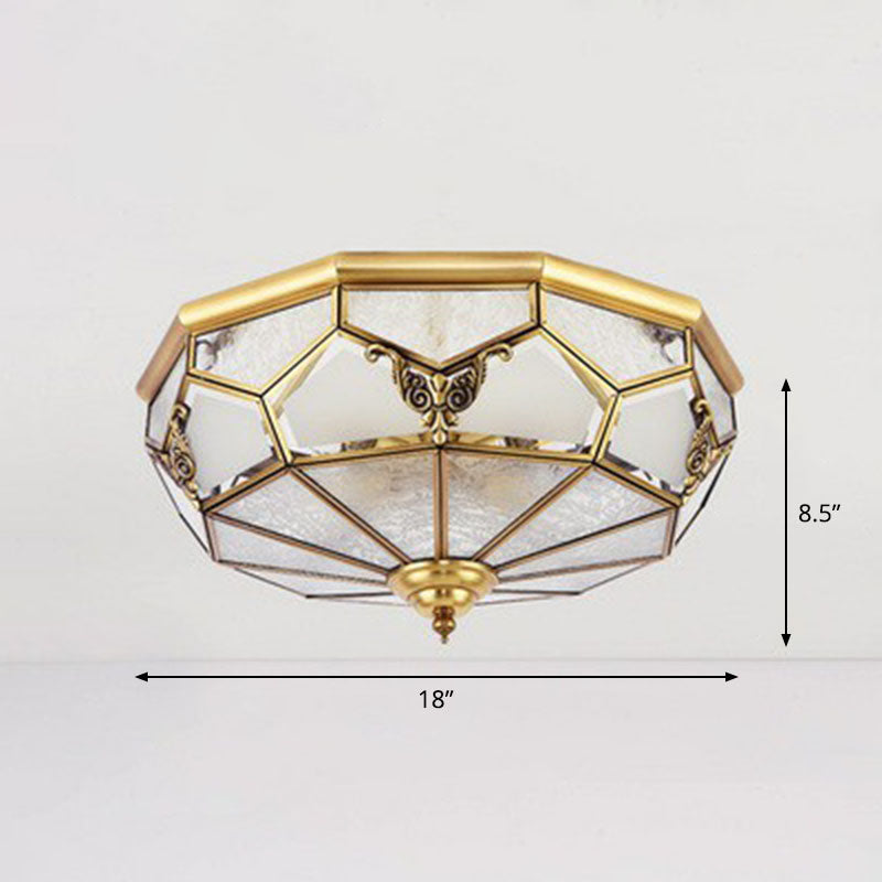Flush Mounted Light Antique Dining Room Ceiling Lamp with Polygon Semi-Opaque Shade in Brass