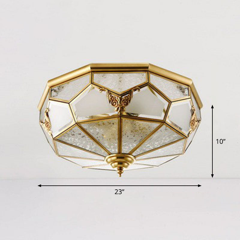 Flush Mounted Light Antique Dining Room Ceiling Lamp with Polygon Semi-Opaque Shade in Brass