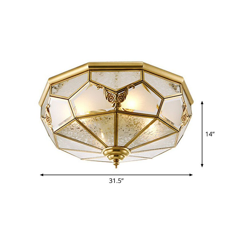 Flush Mounted Light Antique Dining Room Ceiling Lamp with Polygon Semi-Opaque Shade in Brass