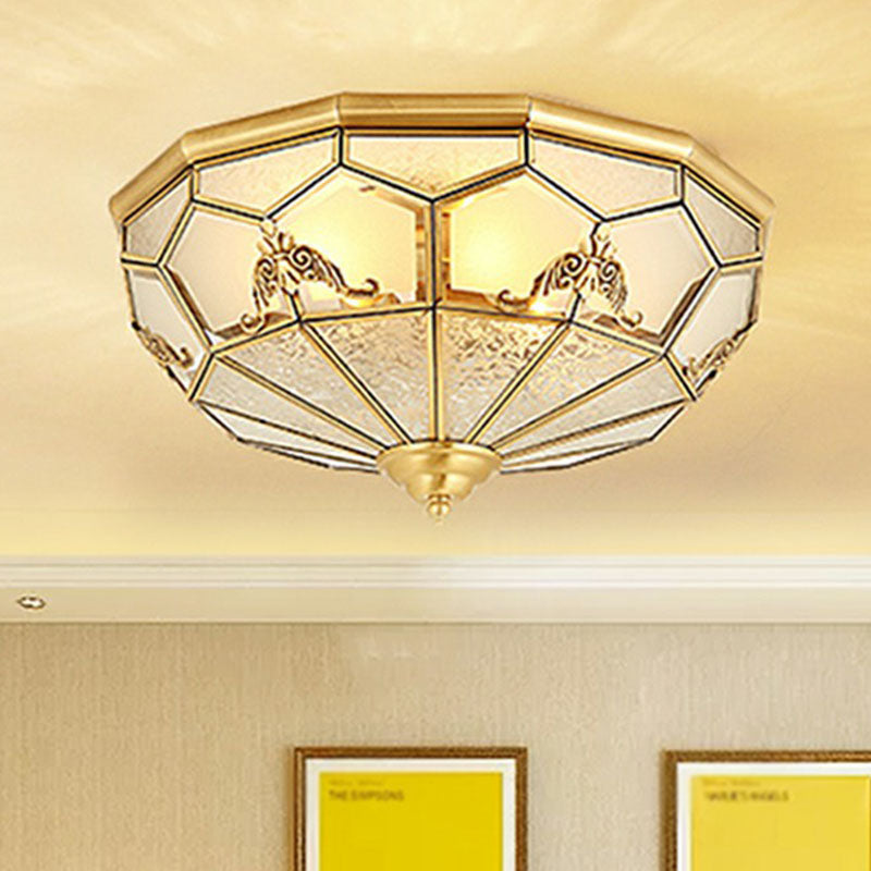 Brass Flush Ceiling Light Fixture Traditional Frosted Glass Panes Basket Shaped Flush Mount for Bedroom