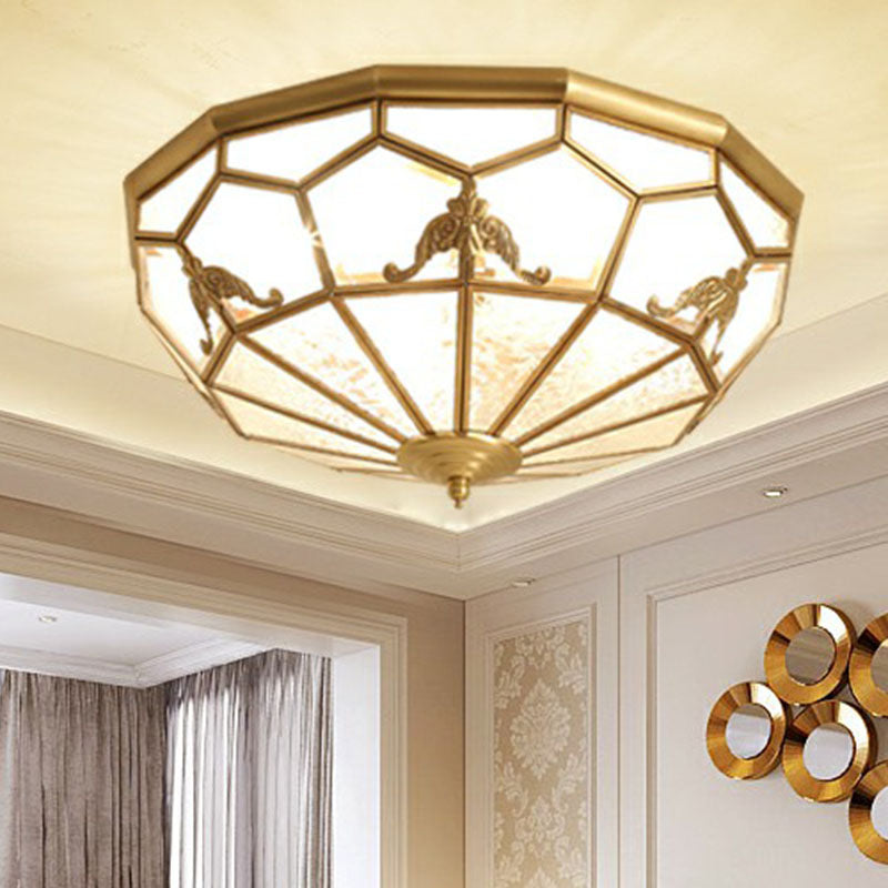 Brass Flush Ceiling Light Fixture Traditional Frosted Glass Panes Basket Shaped Flush Mount for Bedroom