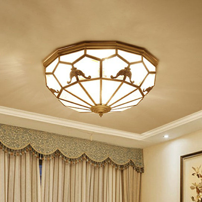 Brass Flush Ceiling Light Fixture Traditional Frosted Glass Panes Basket Shaped Flush Mount for Bedroom