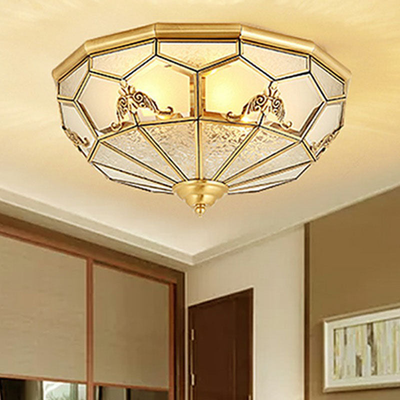 Brass Flush Ceiling Light Fixture Traditional Frosted Glass Panes Basket Shaped Flush Mount for Bedroom