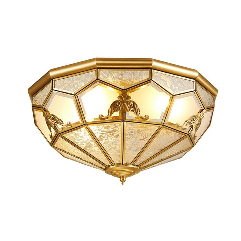 Brass Flush Ceiling Light Fixture Traditional Frosted Glass Panes Basket Shaped Flush Mount for Bedroom