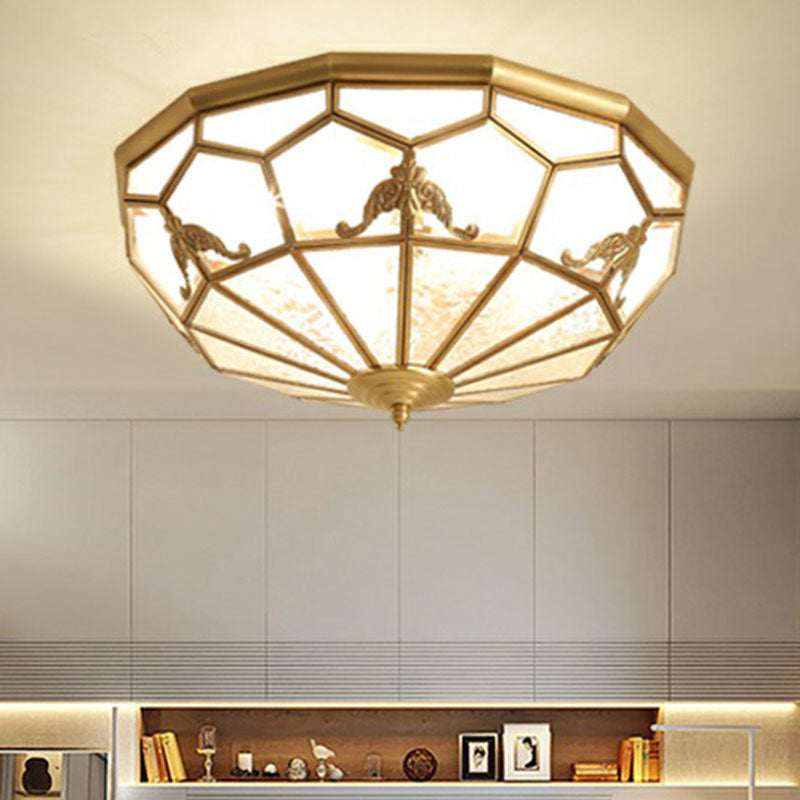 Brass Flush Ceiling Light Fixture Traditional Frosted Glass Panes Basket Shaped Flush Mount for Bedroom