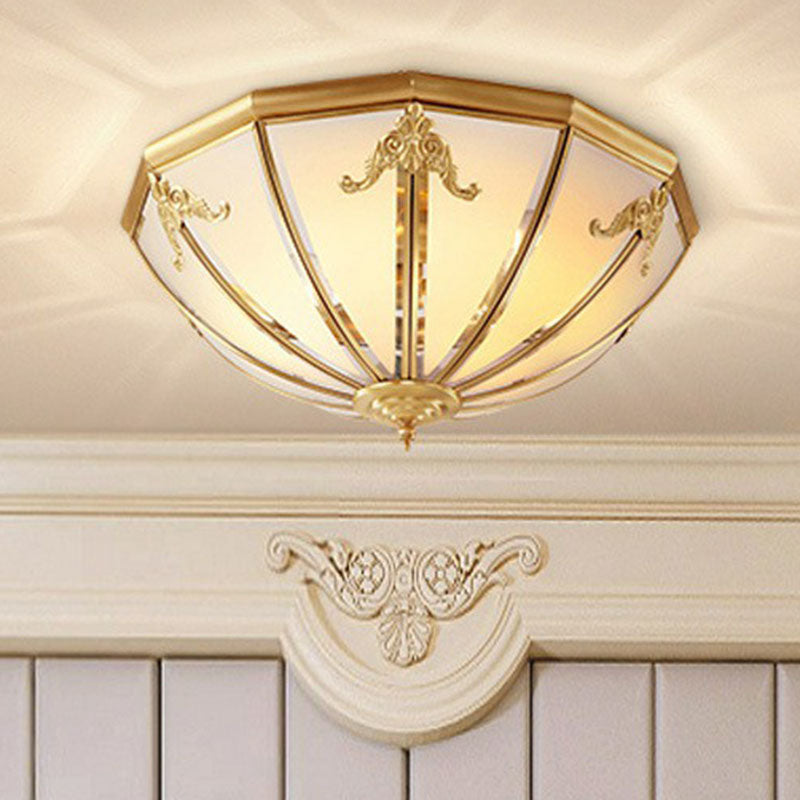 3 Lights Hemispherical Ceiling Light Fixture Colonial Style Brass Frosted White Glass Flush Mount Lamp