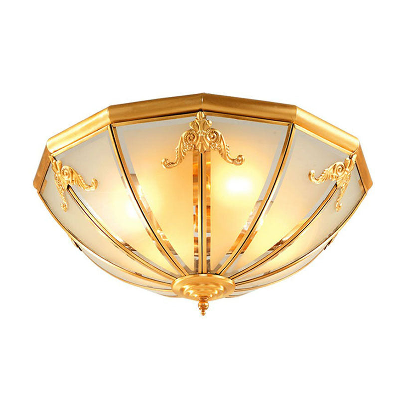 3 Lights Hemispherical Ceiling Light Fixture Colonial Style Brass Frosted White Glass Flush Mount Lamp
