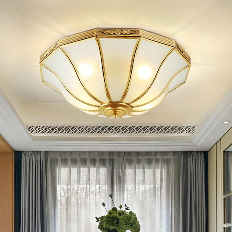 Traditional Bell Shaped Flush Mount Lamp Opaline Glass Flush Ceiling Light in Brass for Corridor