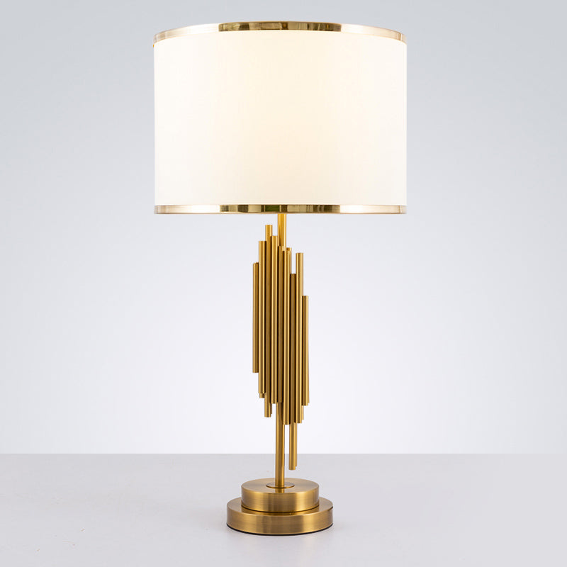 Fabric Drum Nightstand Lamp Simplicity 1 Bulb Living Room Table Lighting in Brass