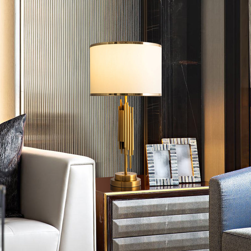 Fabric Drum Nightstand Lamp Simplicity 1 Bulb Living Room Table Lighting in Brass