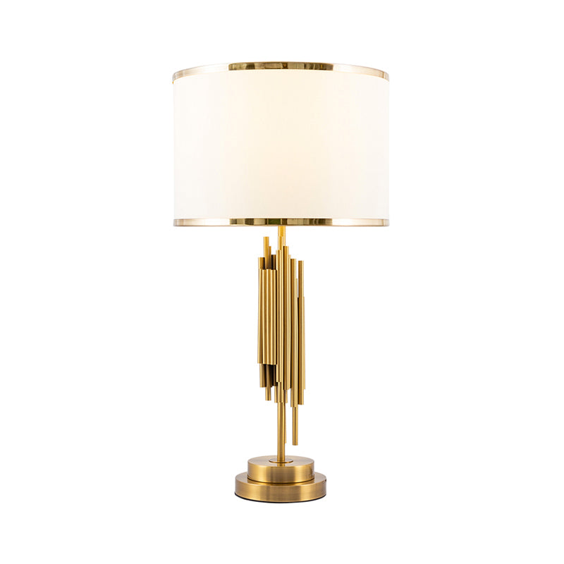 Fabric Drum Nightstand Lamp Simplicity 1 Bulb Living Room Table Lighting in Brass