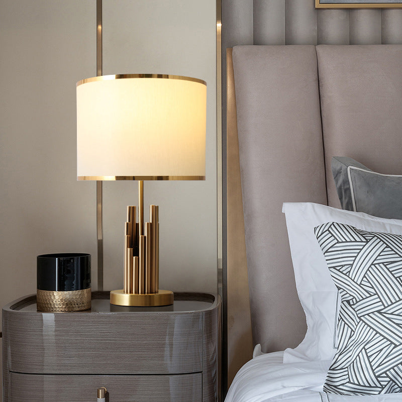 Round Shade Study Room Table Lighting Minimalist Fabric 1-Light Brass Nightstand Lamp