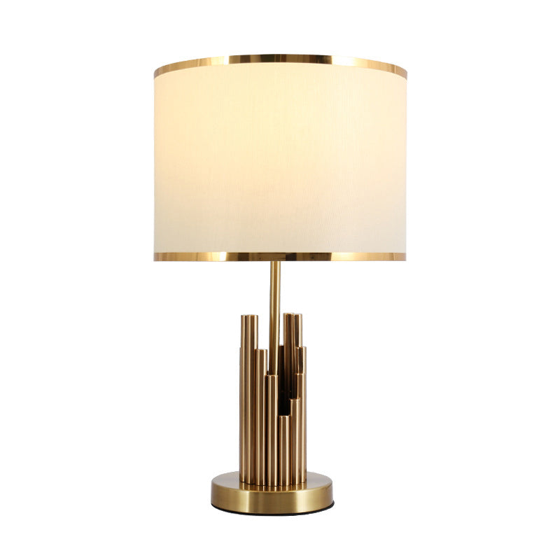 Round Shade Study Room Table Lighting Minimalist Fabric 1-Light Brass Nightstand Lamp